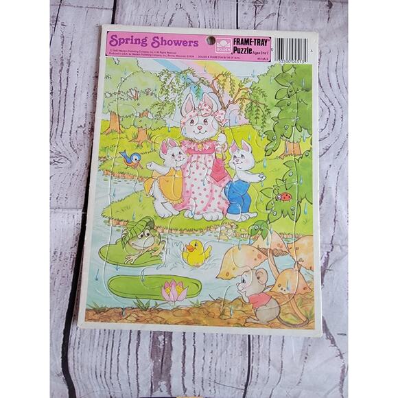 Vintage 80s Spring Showers Frame Tray Bunny Easter Puzzle Ages 3-7 Golden - Picture 1 of 9